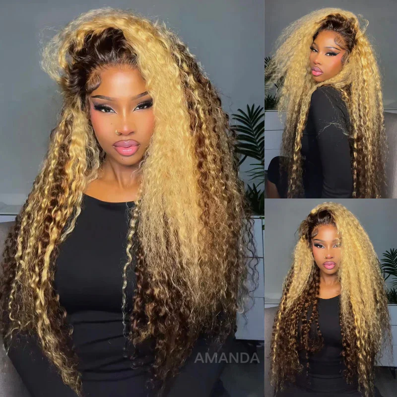 $100 Off Full $101| Highlight Color Honey Blonde Curly HD Lace Front/Closure Wig With Brown Roots Flash Sale
