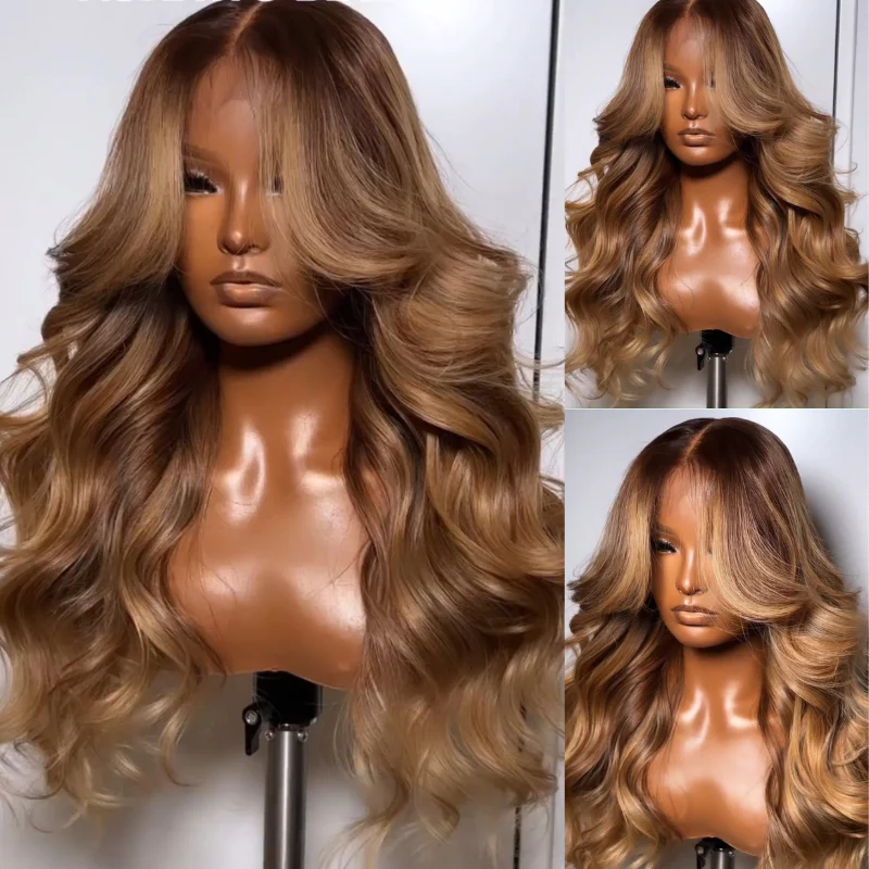 $100 Off| Highlights Brown with Blonde Glueless Loose Wave Natural Curtain Bangs Lace Front Wig Flash Sale - Image 3