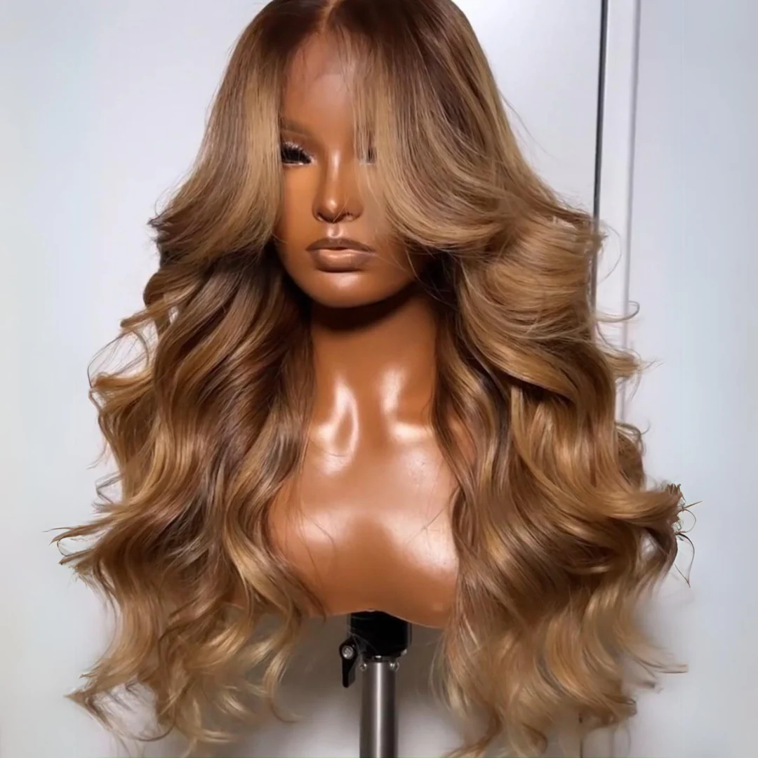 $100 Off| Highlights Brown with Blonde Glueless Loose Wave Natural Curtain Bangs Lace Front Wig Flash Sale - Image 4
