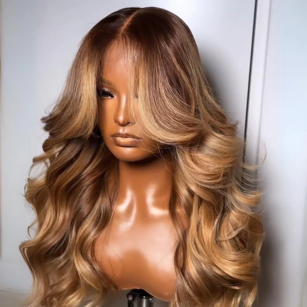 $100 Off| Highlights Brown with Blonde Glueless Loose Wave Natural Curtain Bangs Lace Front Wig Flash Sale - Image 5