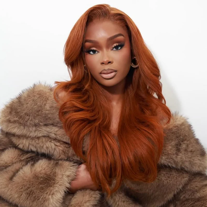 Double Drawn Hair Luxurious Copper Auburn Body Wave Glueless 13x6 Lace Front 200% Density Orange Put On And Go Human Hair Wig - Image 3