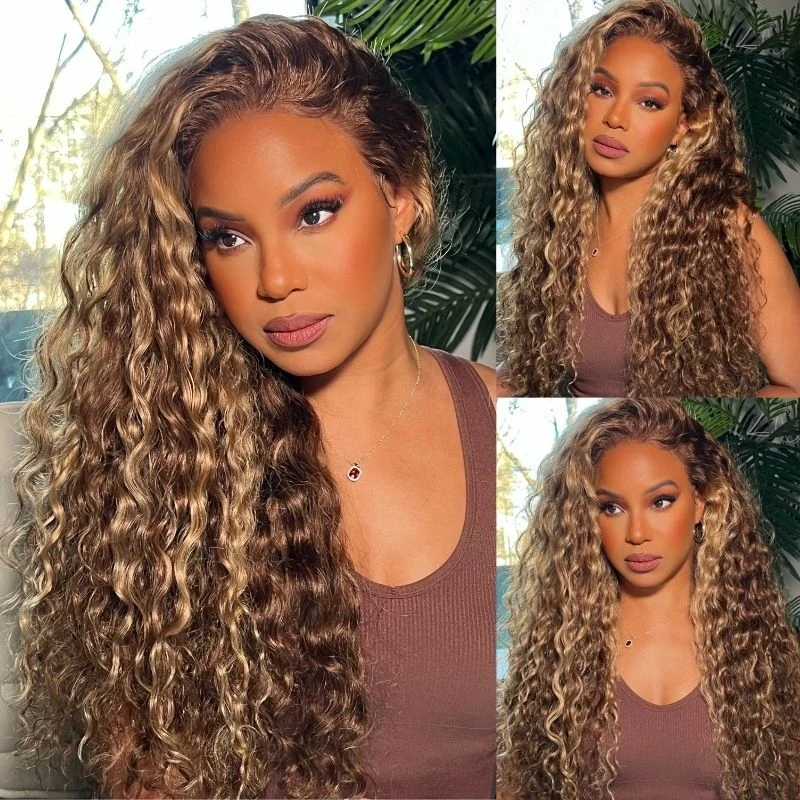 13x4 HD Lace Burmese Curly Glueless Wig Honey Blonde Highlight 250% Density Human Hair