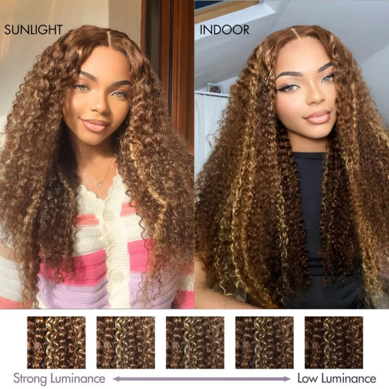 13x4 HD Lace Burmese Curly Glueless Wig Honey Blonde Highlight 250% Density Human Hair - Image 14