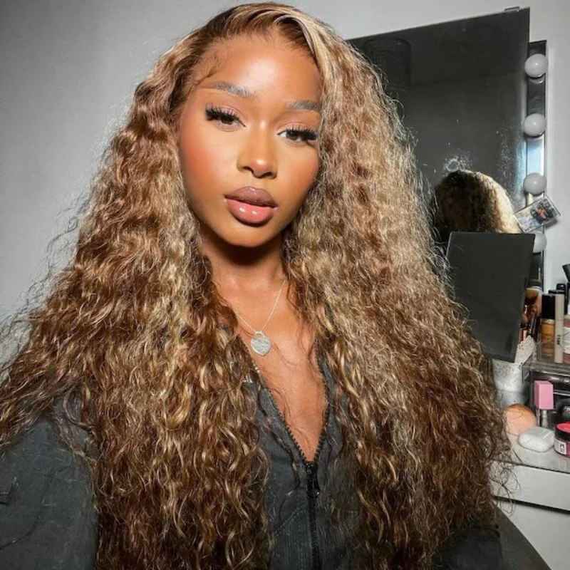 13x4 HD Lace Burmese Curly Glueless Wig Honey Blonde Highlight 250% Density Human Hair - Image 2