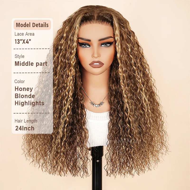 13x4 HD Lace Burmese Curly Glueless Wig Honey Blonde Highlight 250% Density Human Hair - Image 5