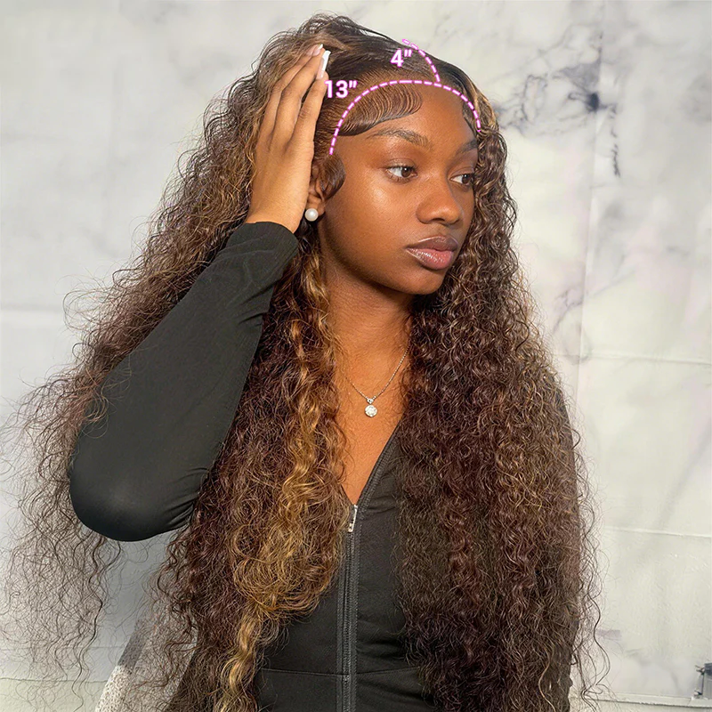 13x4 HD Lace Burmese Curly Glueless Wig Honey Blonde Highlight 250% Density Human Hair - Image 9