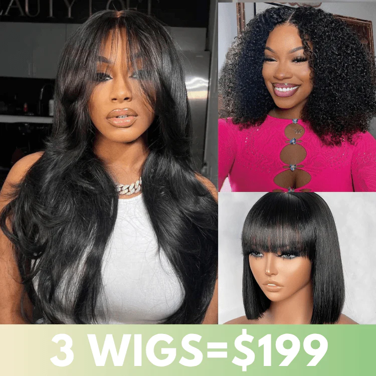 3 Wigs for $199 | 18" Body Wave Bangs Wig + 16" Full 250% Density Kinky Curly 6×4 Lace Wig + Classic Bob Wig Flash Sale
