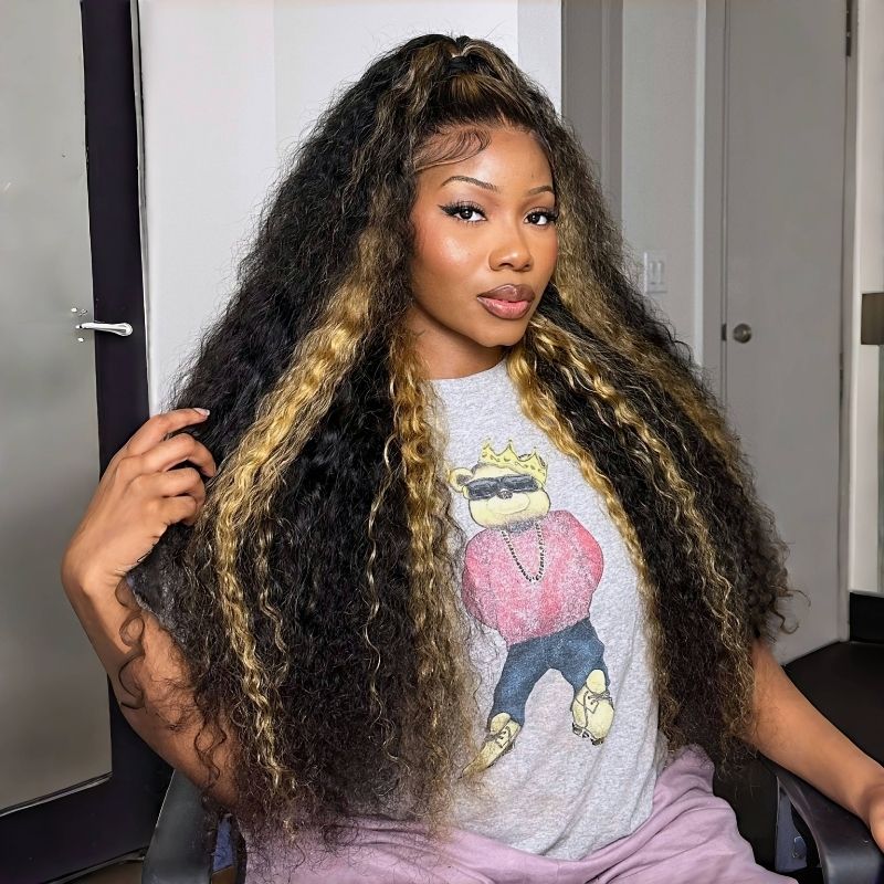 300% Density Pre Everything Glueless Blonde Highlights On Luxurious Deep Curly Wave Wig Clear Transparent Lace Wig - Amanda Hair - Image 2
