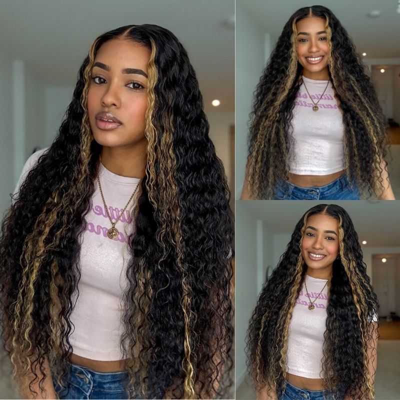 300% Density Pre Everything Glueless Blonde Highlights On Luxurious Deep Curly Wave Wig Clear Transparent Lace Wig - Amanda Hair - Image 3