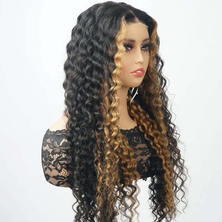 24H Fast Shipping Glueless Blonde Highlights on Luxurious Lace Frontal Deep Curly Wave Wig - Clear Transparent Lace Front/Closure Wig- Amanda Hair - Image 6