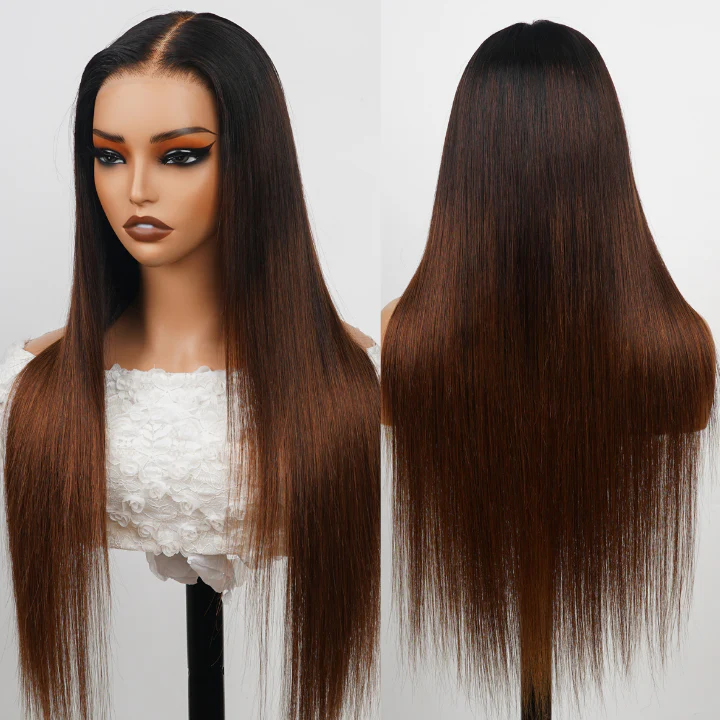 Glueless Dark Root Ombre Brown Lace Front Straight Wig 100% Human Hair Wig- Amanda Hair - Image 2