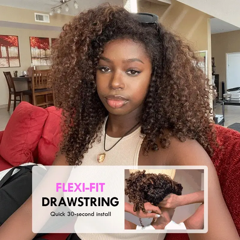 3 In 1 Half Wig | 300% Density Double Drawn Glueless Curly Human Hair Wig With Drawstring - Image 5
