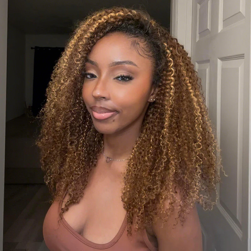 3 In 1 Half Wig | Honey Blonde Highlight Kinky Curly Put On & Go Invisible Drawstring Glueless Flip Over Half Wig