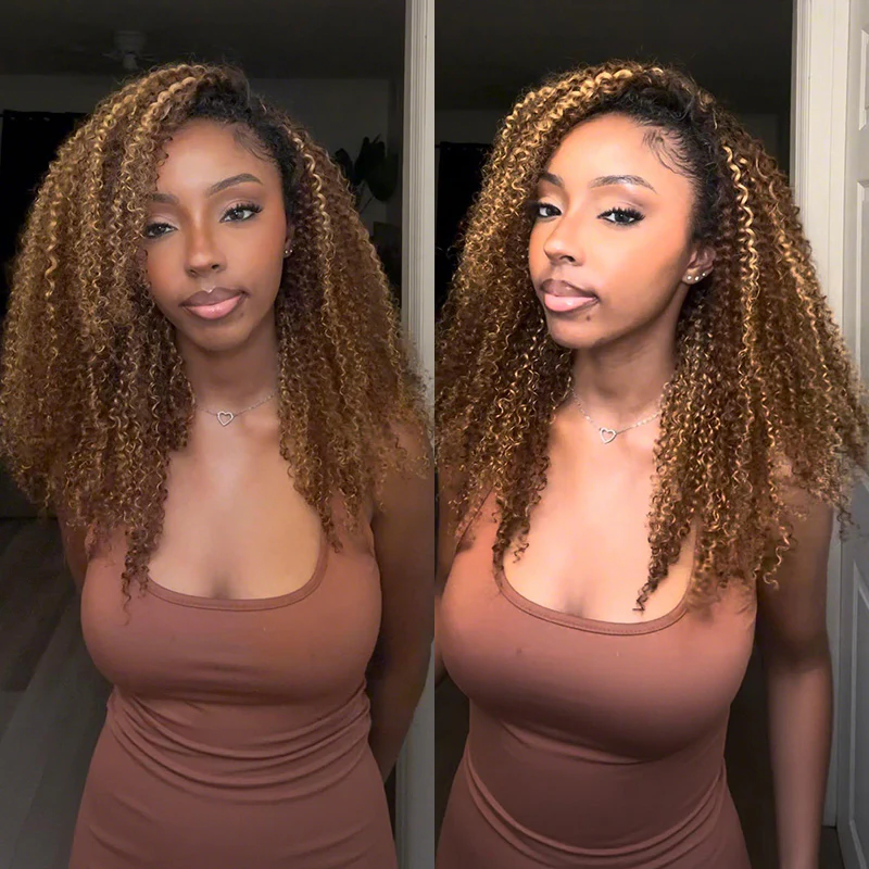 3 In 1 Half Wig | Honey Blonde Highlight Kinky Curly Put On & Go Invisible Drawstring Glueless Flip Over Half Wig - Image 2