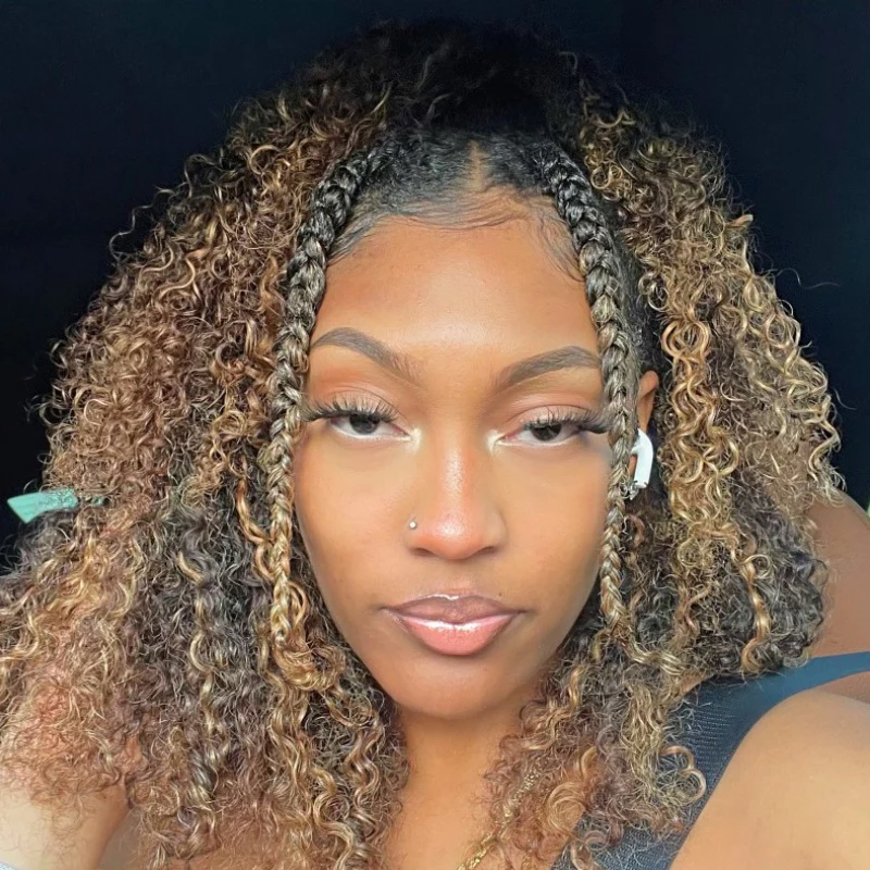 3 In 1 Half Wig | Honey Blonde Highlight Kinky Curly Put On & Go Invisible Drawstring Glueless Flip Over Half Wig - Image 3