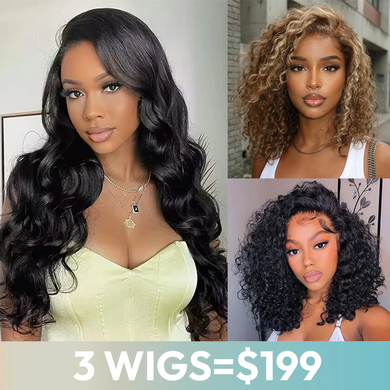 3 Wigs=$199 | 20''Body Wave Wig+14" Curly Bob Wig+10" Honey Blonde Bob Wig Flash Sale