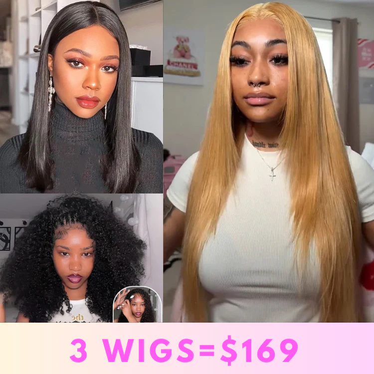 3 Wigs for $169 | 20" kinky Curly Half Wig + 16" Blonde Color 7×5 Glueless Lace Wig + 14" Straight Bob Lace Closure Wig Flash Sale