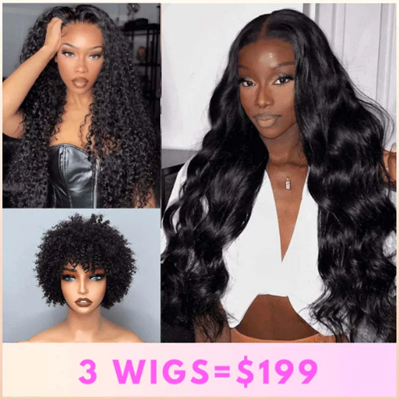 3 Wigs for $199| 18" Body Wave Lace Wig + 14" Gluless Curly Lace Wig + Pixie Cut Bob Wig Flash Sale