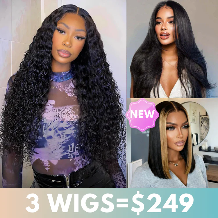 3 Wigs for $249 | 22" Layered Cut Yaki Straight Lace Wig+14" Water Wave 7x5 Lace Closure Wig+ Highlight Color 7x5 Lace Bob Wig Flash Sale