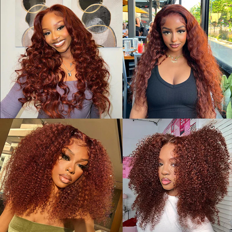 300% Density 13x4 Pre Everything Reddish Brown Color Body Wave / Jerry Curly / Kinky Curly / Water Wave HD Transparent Lace Human Hair Wigs