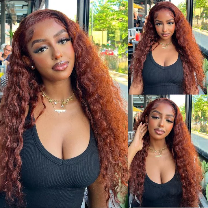 300% Density 13x4 Pre Everything Reddish Brown Color Body Wave / Jerry Curly / Kinky Curly / Water Wave HD Transparent Lace Human Hair Wigs - Image 3