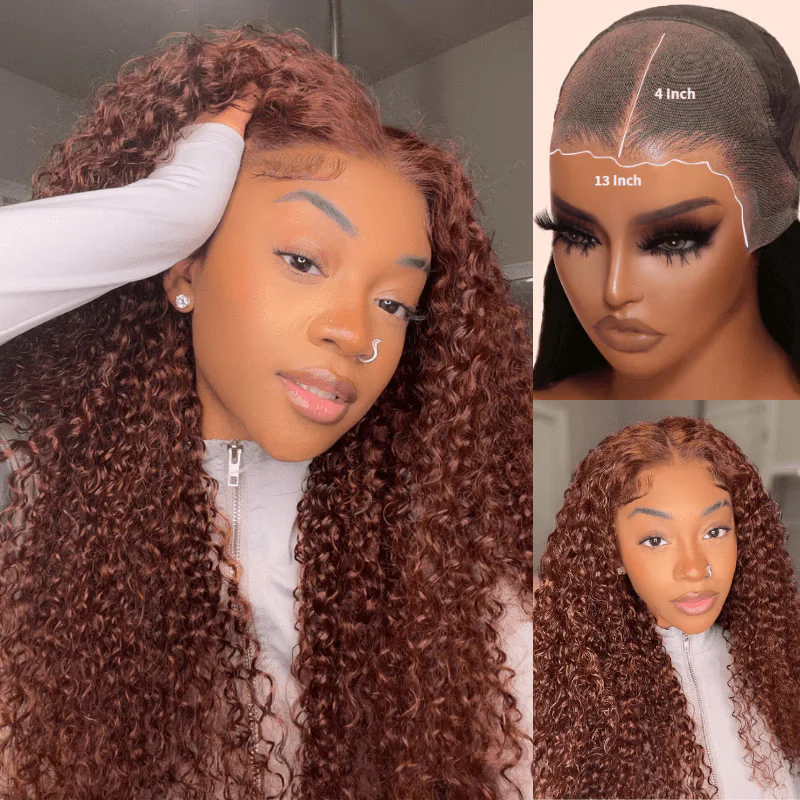300% Density 13x4 Pre Everything Reddish Brown Color Body Wave / Jerry Curly / Kinky Curly / Water Wave HD Transparent Lace Human Hair Wigs - Image 6