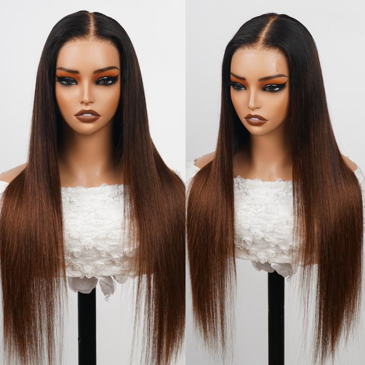 300% Density Dark Root Ombre Brown HD Transparent Lace Front Straight Glueless Human Hair Wig - Image 3