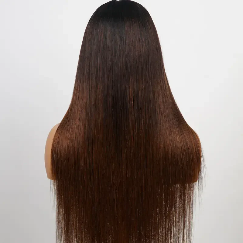 300% Density Dark Root Ombre Brown HD Transparent Lace Front Straight Glueless Human Hair Wig - Image 4