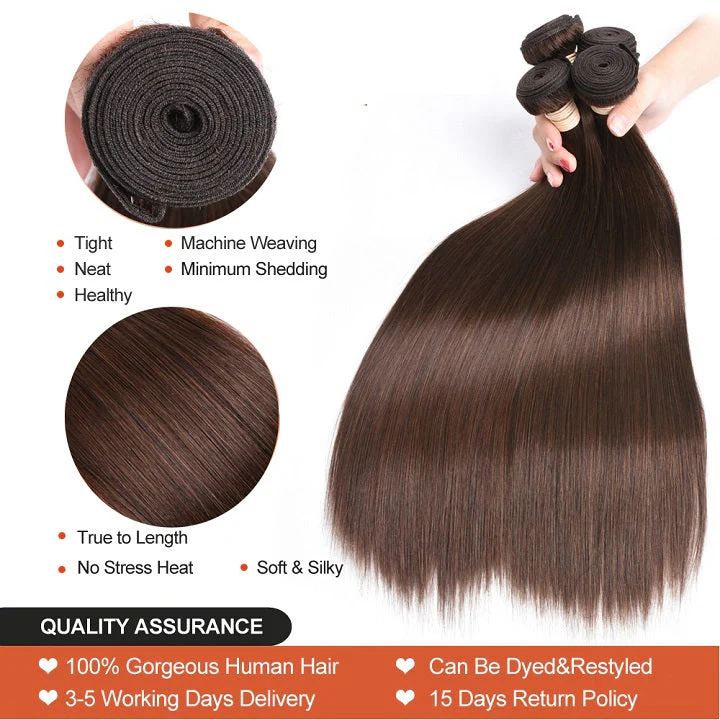 #4 Straight Hair 3 Bundles With Closure 100% Human Hair Bundles Light Brown Brazilian Hair Extensions - Image 2
