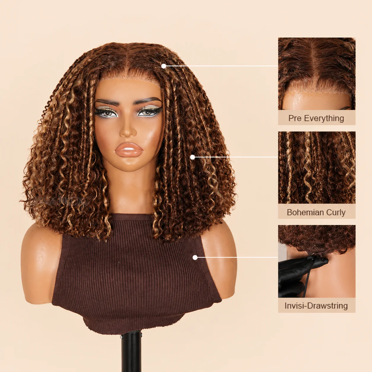 7x5 Glueless Lace Bohemian Curly Honey Blonde Highlight Human Hair Wig - Image 4