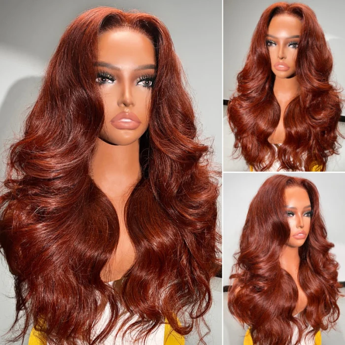 7x5 Lace Pre-styled Reddish Brown Body Wave Glueless Wig HD Transparent Lace Frontal Wig - Image 4
