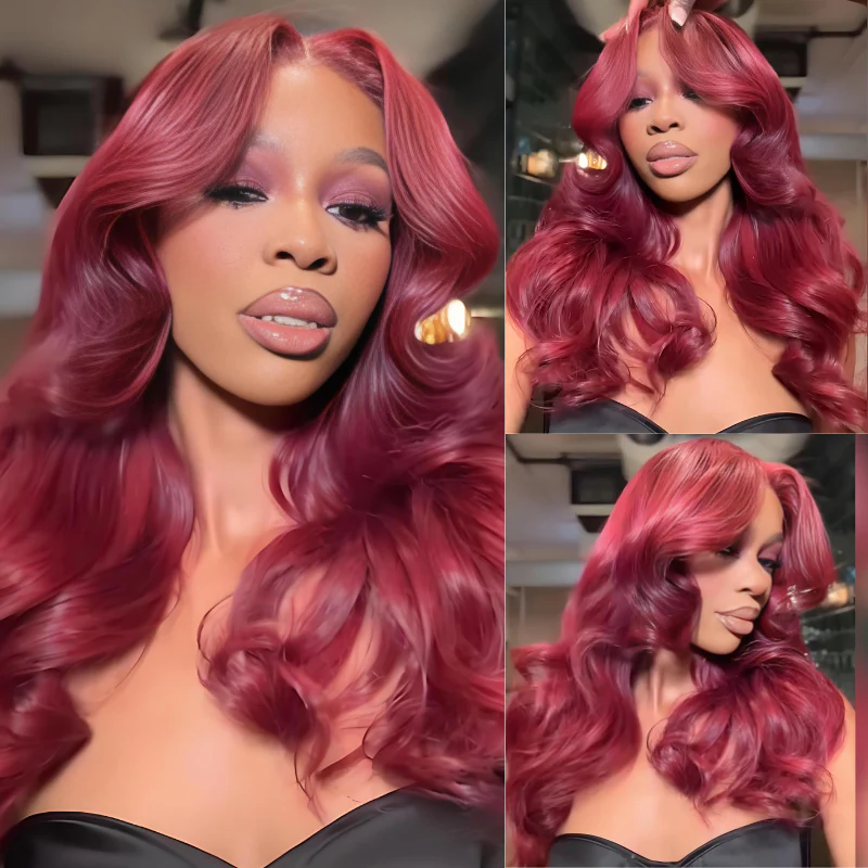 99J Burgundy Red Loose Wave Pre Everything Wigs Human Hair Color Lace Wig With Baby Hair - Amanda Hair