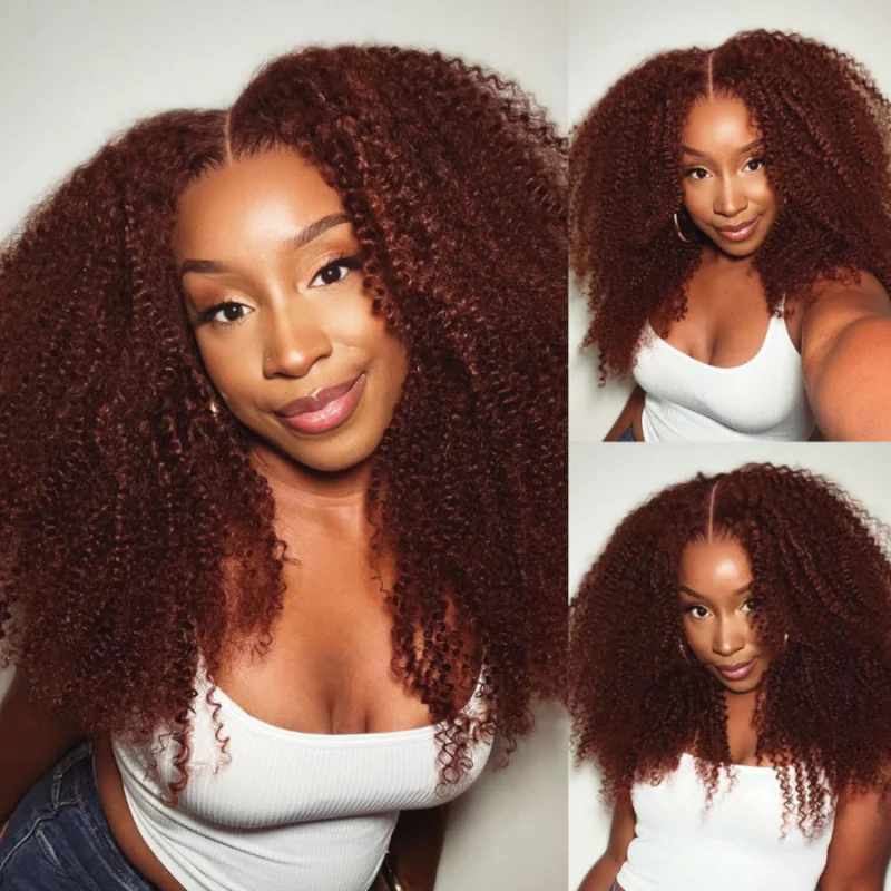 Afro Kinky Curly Reddish Brown Glueless 13x6 Lace Front Drawstring Put On And Go Human Hair Wig - Amanda hair