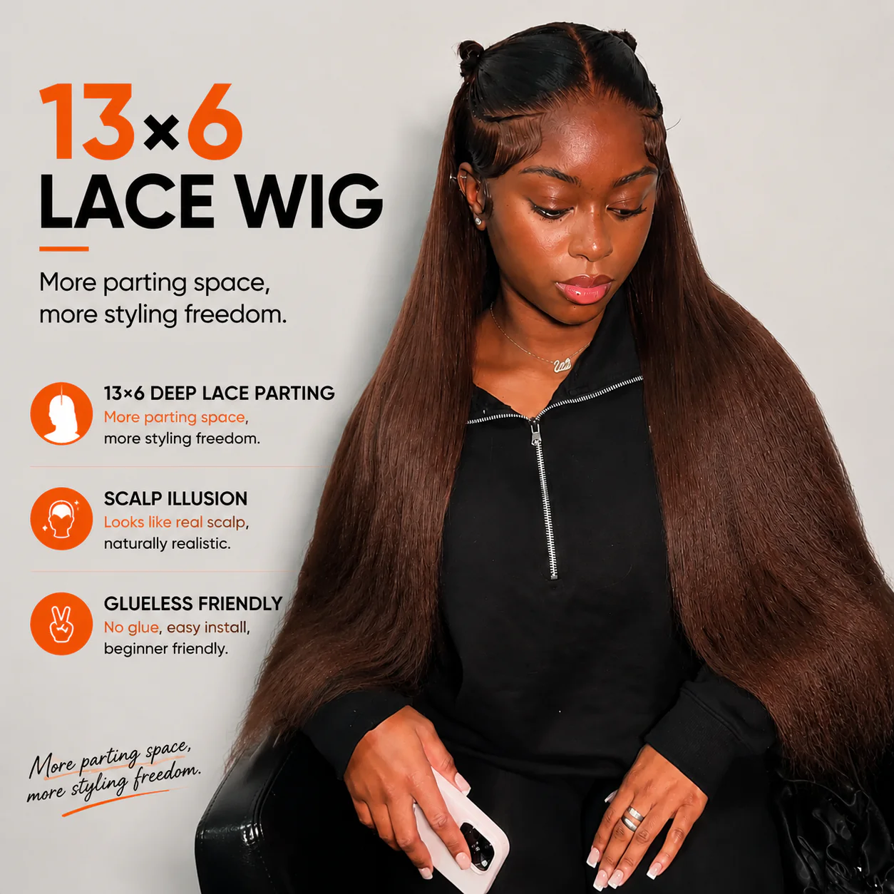 Amanda 7x5/13×6 HD Glueless Lace250% Density Kinky Straight Wig | Ombre Brown & Chocolate Brown - Image 6