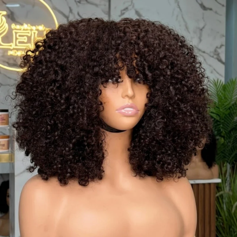 Amanda Double Drawn 300% Density 2×4 Lace Glueless Ombre Brown Curly Wig With Bangs & Drawstring - Image 10