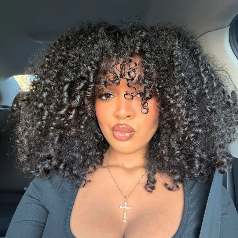Amanda Double Drawn 300% Density 2×4 Lace Glueless Ombre Brown Curly Wig With Bangs & Drawstring - Image 5