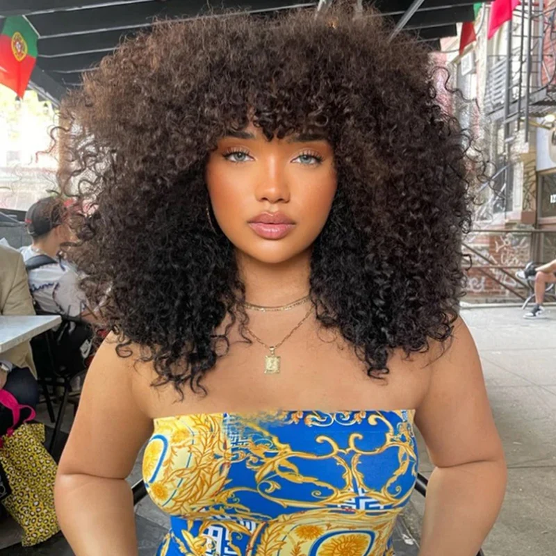 Amanda Double Drawn 300% Density 2×4 Lace Glueless Ombre Brown Curly Wig With Bangs & Drawstring - Image 6