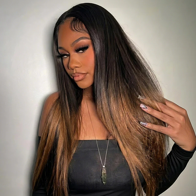 Amanda Hair Glueless Ombre Brown Yaki Straight Human Hair Bob Wig