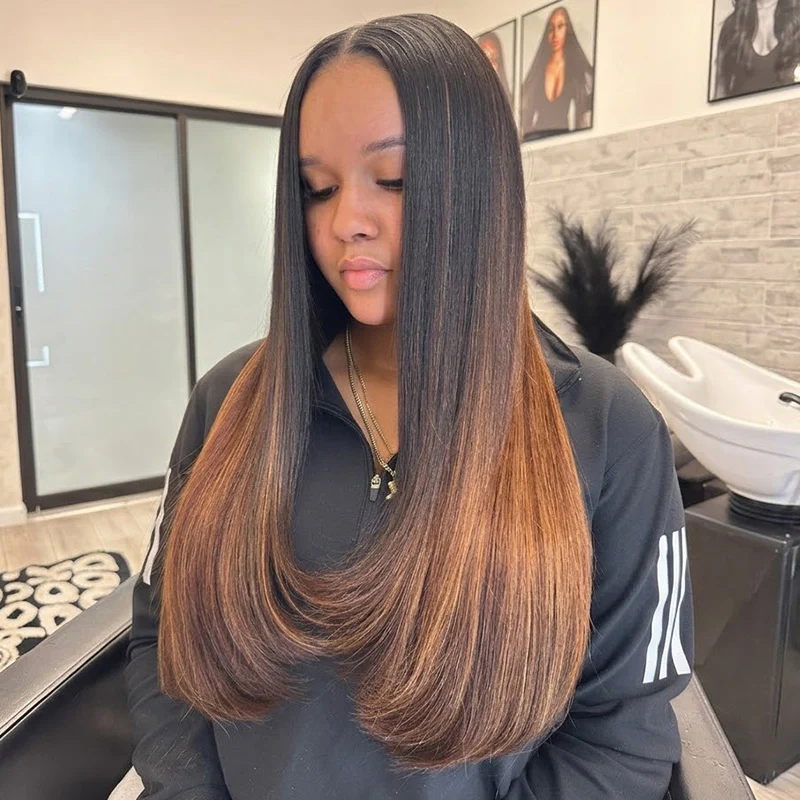 Amanda Hair Glueless Ombre Brown Yaki Straight Human Hair Bob Wig - Image 2