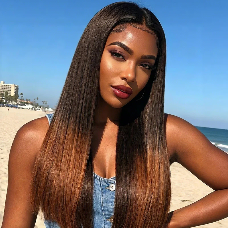 Amanda Hair Glueless Ombre Brown Yaki Straight Human Hair Bob Wig - Image 3
