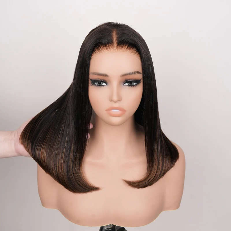 Amanda Hair Glueless Ombre Brown Yaki Straight Human Hair Bob Wig - Image 8