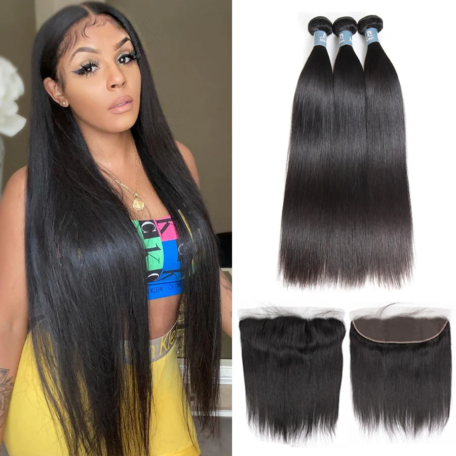 Amanda Indian Straight Hair 3 Bundles With 13*4 Lace Frontal 9A Grade 100% Unprocessed Human Hair No Tangles