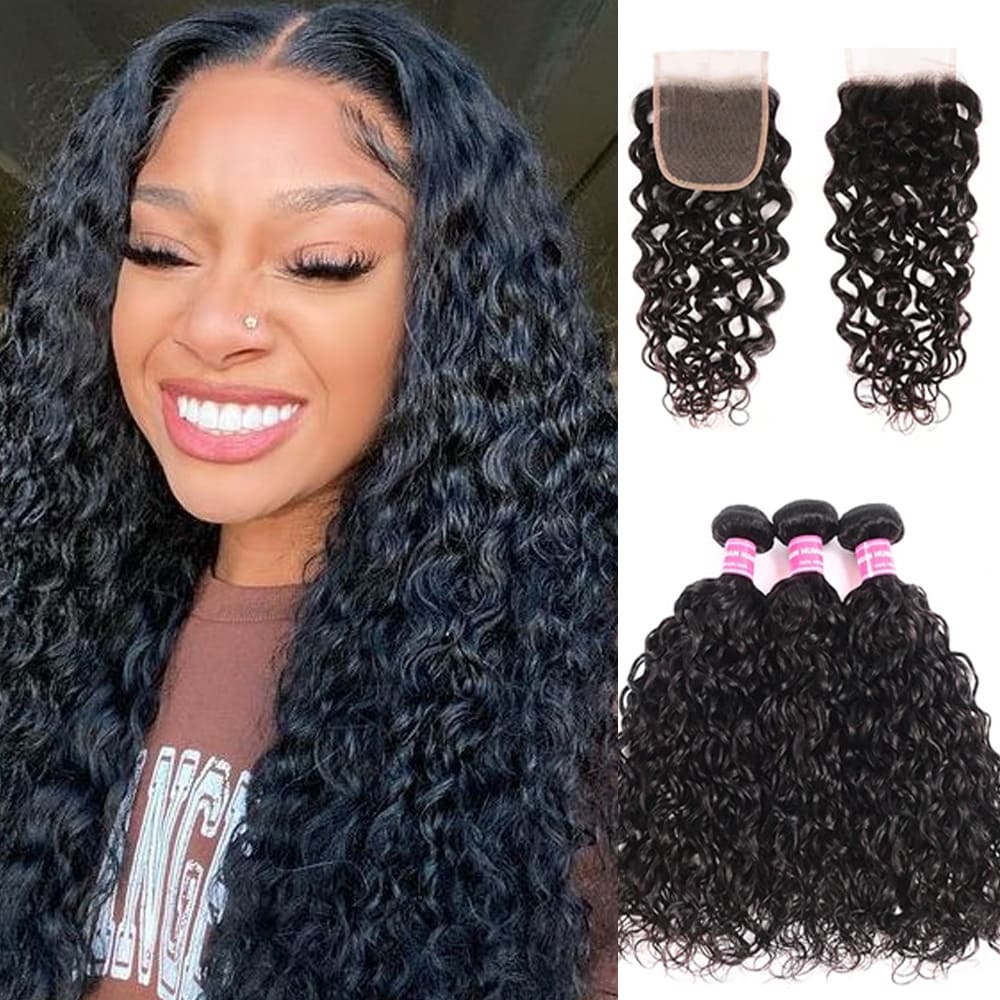 Amanda Water Wave 3 Bundles With 4*4 Lace Closure 10A Grade 100% Remi Human Hair Hot Sell Wave Bundles Hair Extensions