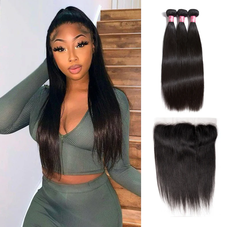 Amanda Peruvian Straight Hair 3 Bundles With 13*4 Lace Frontal 10A Grade 100% Remy Human Hair
