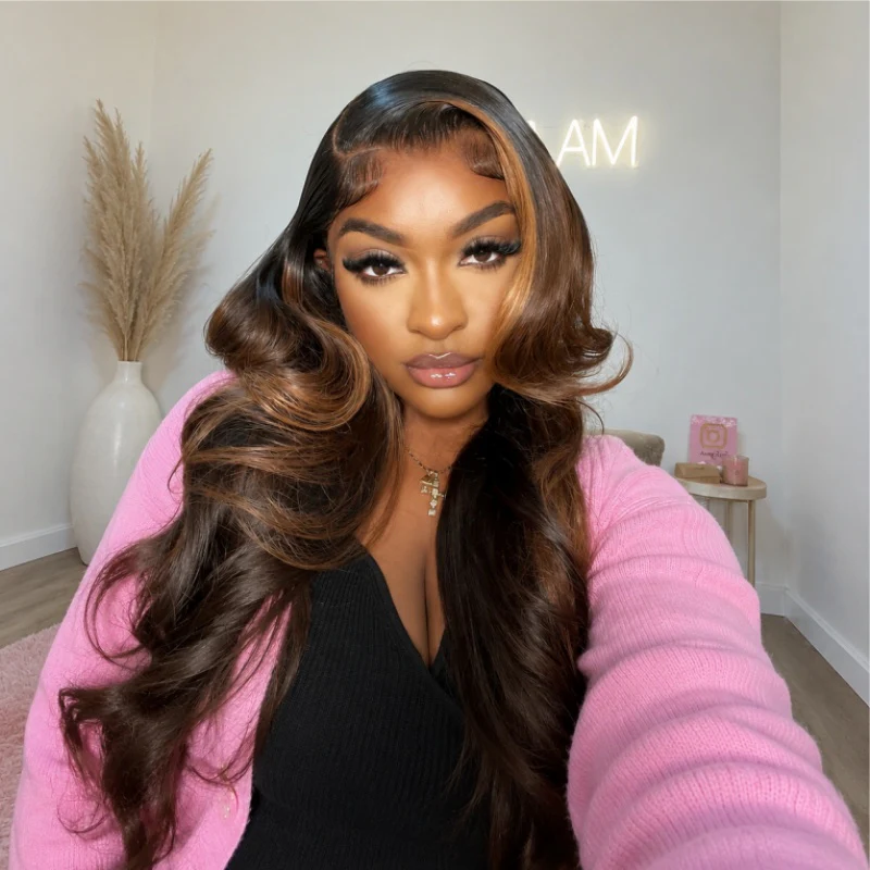 300% Density Glueless 3D Body Wave Highlight Balayage Brown 13x4 Transparent HD Full Lace Put On And Go Human Hair Wig - Image 6