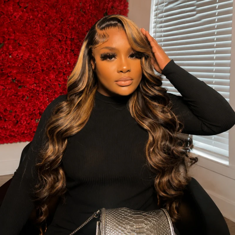 300% Density Glueless 3D Body Wave Highlight Balayage Brown 13x4 Transparent HD Full Lace Put On And Go Human Hair Wig - Image 9