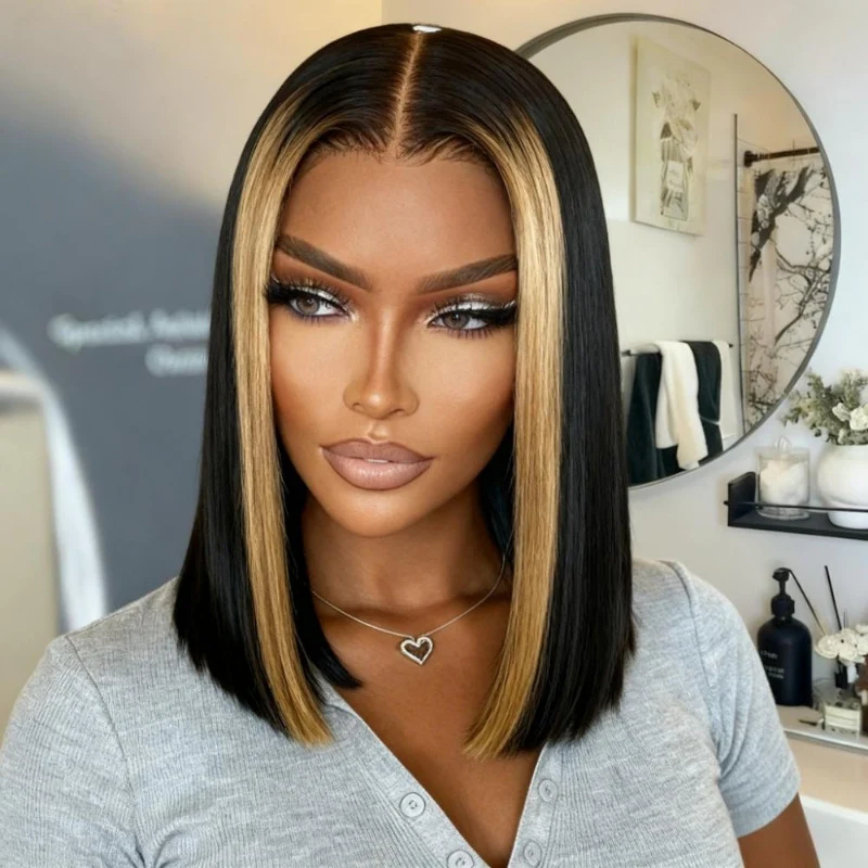 Blonde Money Piece Highlight Straight Glueless Bob Wig - 7x5/ 13x4 HD Lace - Image 2