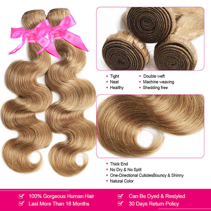 Body Wave 3 Bundles With Lace Closure Brazilian Human Hair  Honey Blonde #27-AmandaHair - Image 2