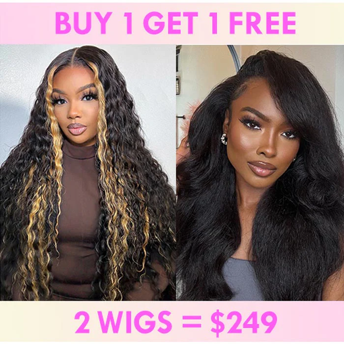 Bogo Flash Sale| Blonde Highlights Glueless 6×4 Lace Closure Wig + Kinky Straight 3-In-1 Half Wig