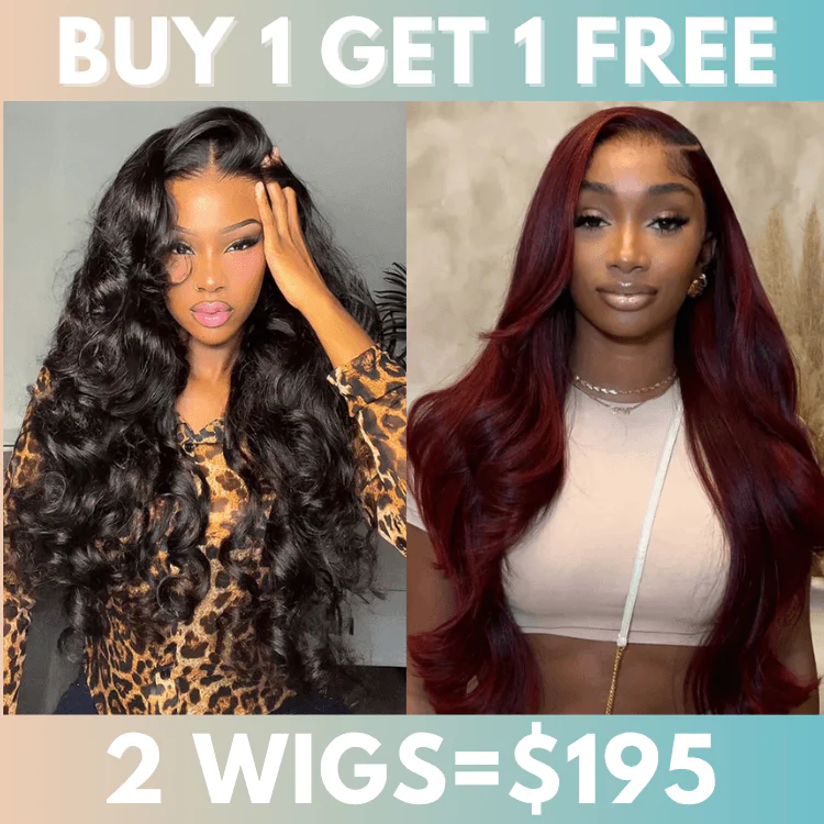 Bogo Flash Sale| Glueless 7×5 Loose Wave Lace Wigs with Curtain Bangs + Dark 99J Burgundy Glueless 13x4 Lace Frontal Wig